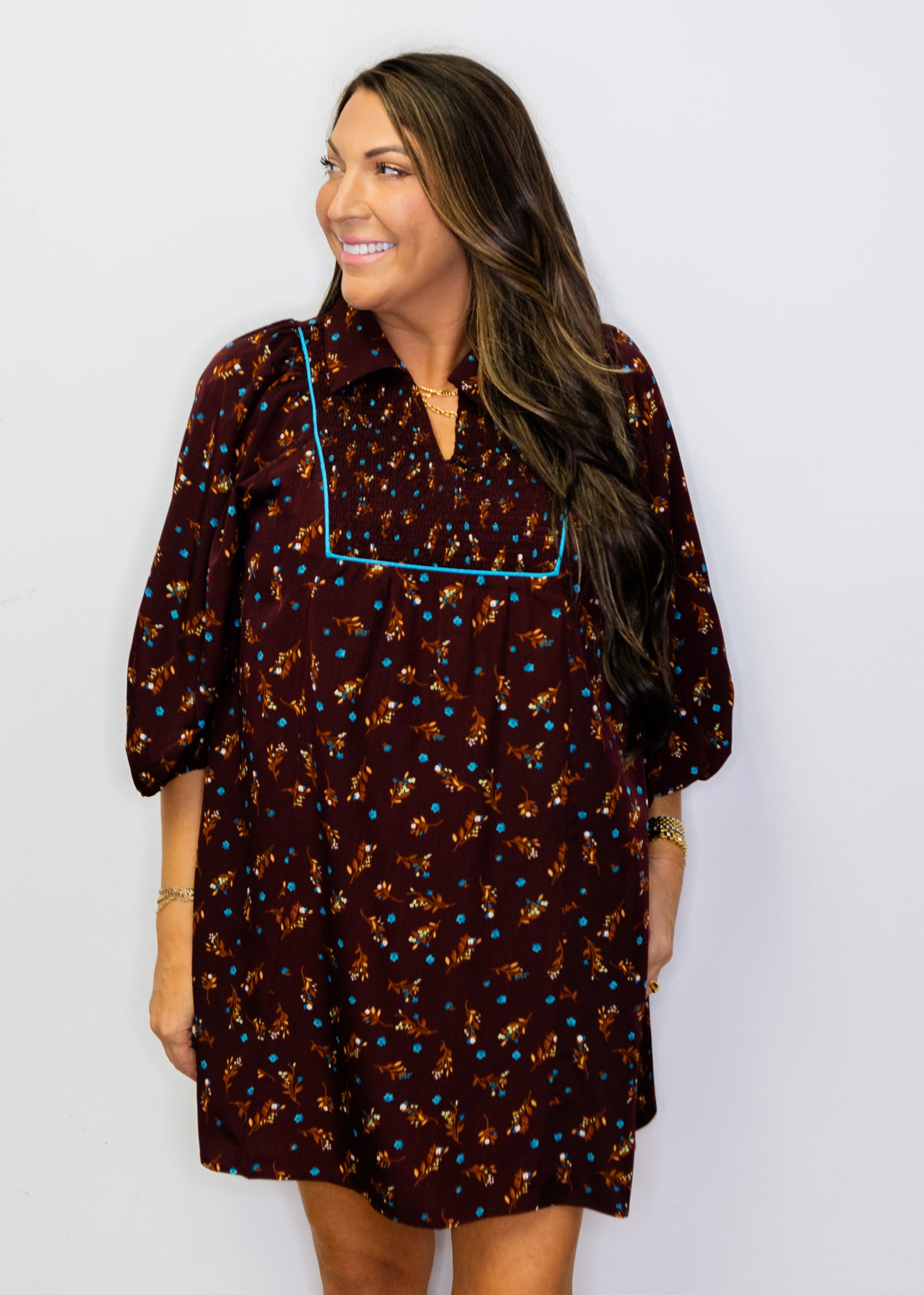 Brown Puff Sleeves Floral Peasant Dress
