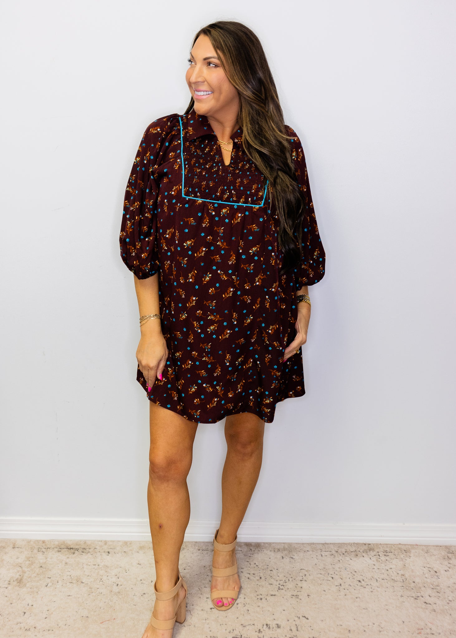 Brown Puff Sleeves Floral Peasant Dress