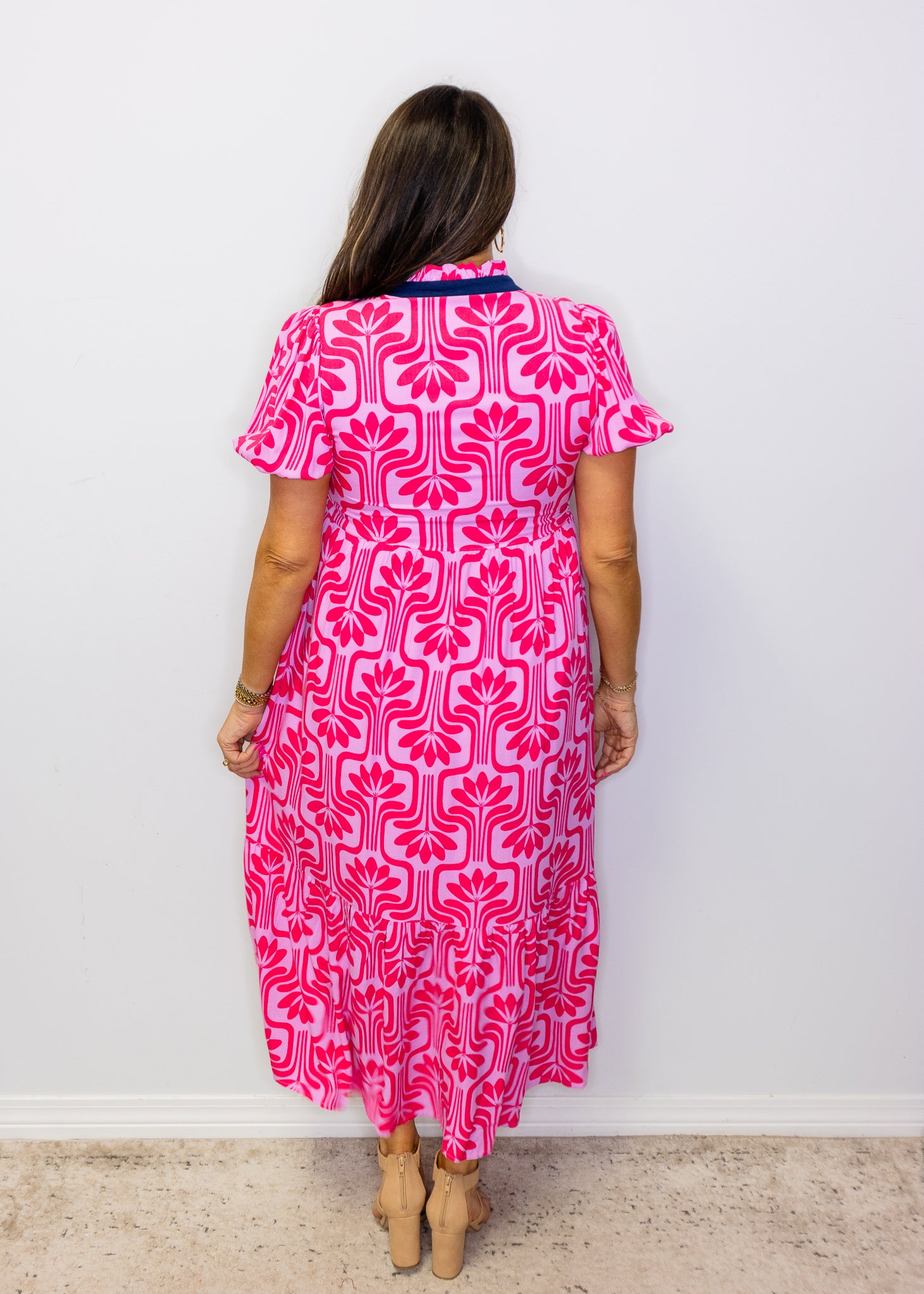 Pink Floral Geometric Midi Dress