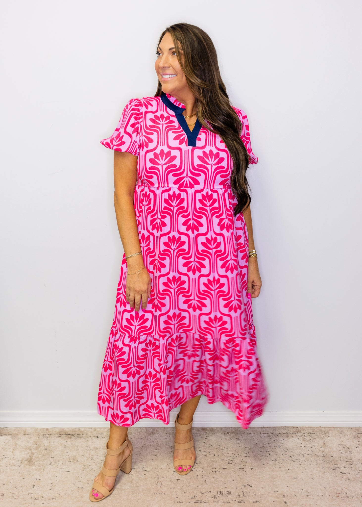 Pink Floral Geometric Midi Dress