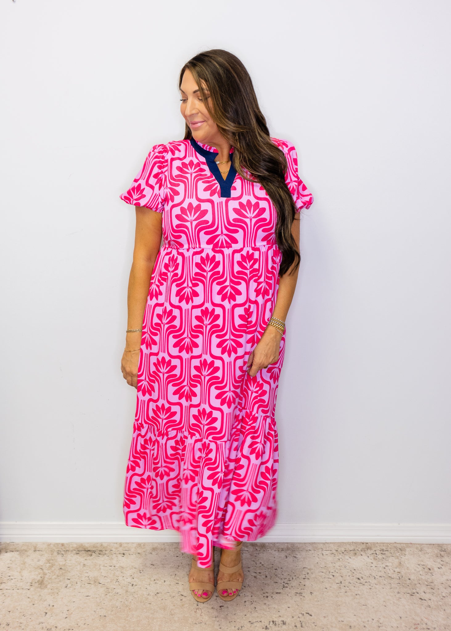 Pink Floral Geometric Midi Dress