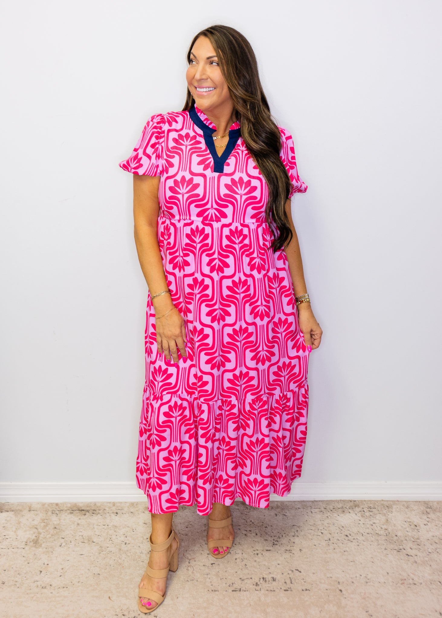 Pink Floral Geometric Midi Dress