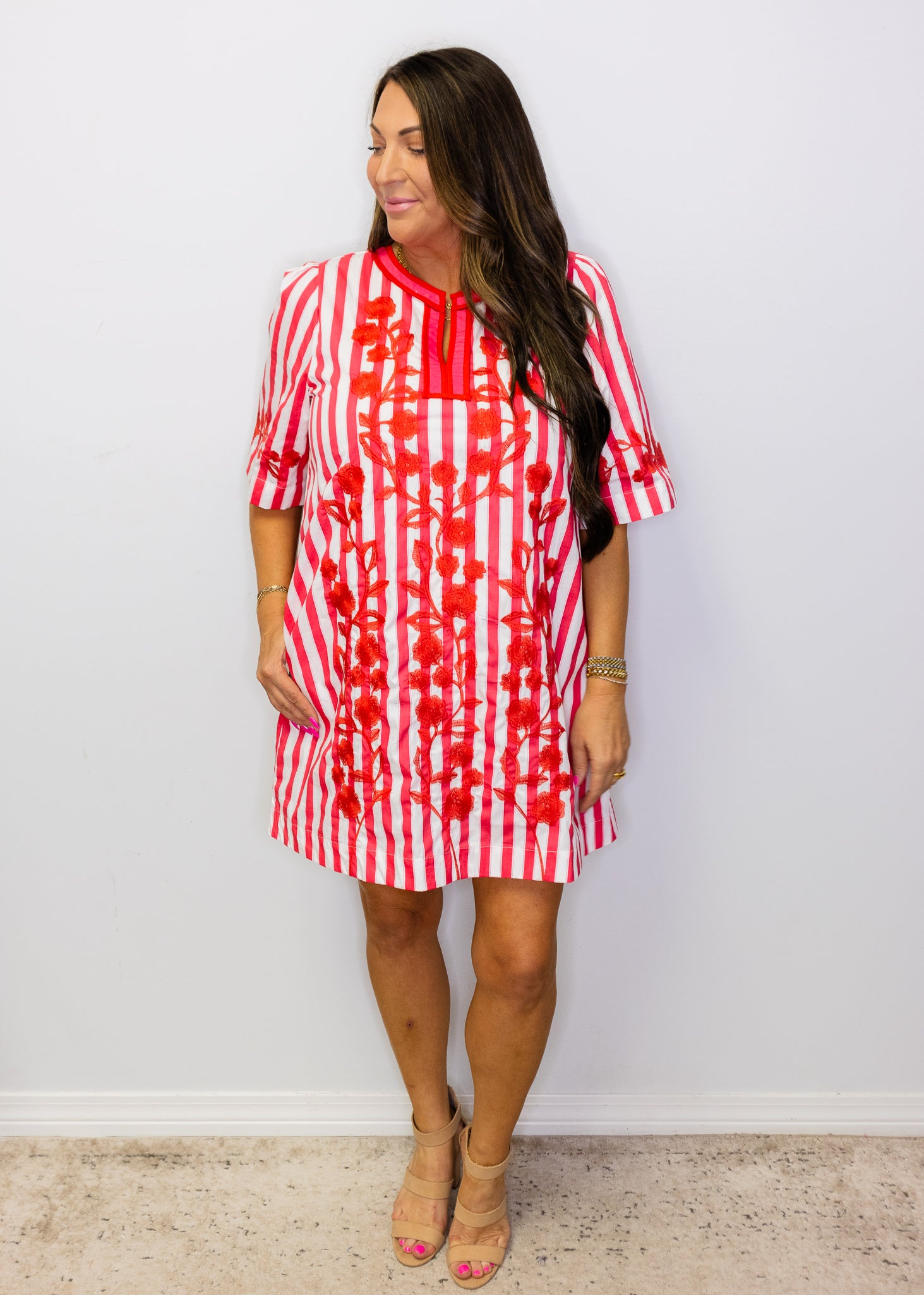 Fuchsia Stripe Embroidered Dress