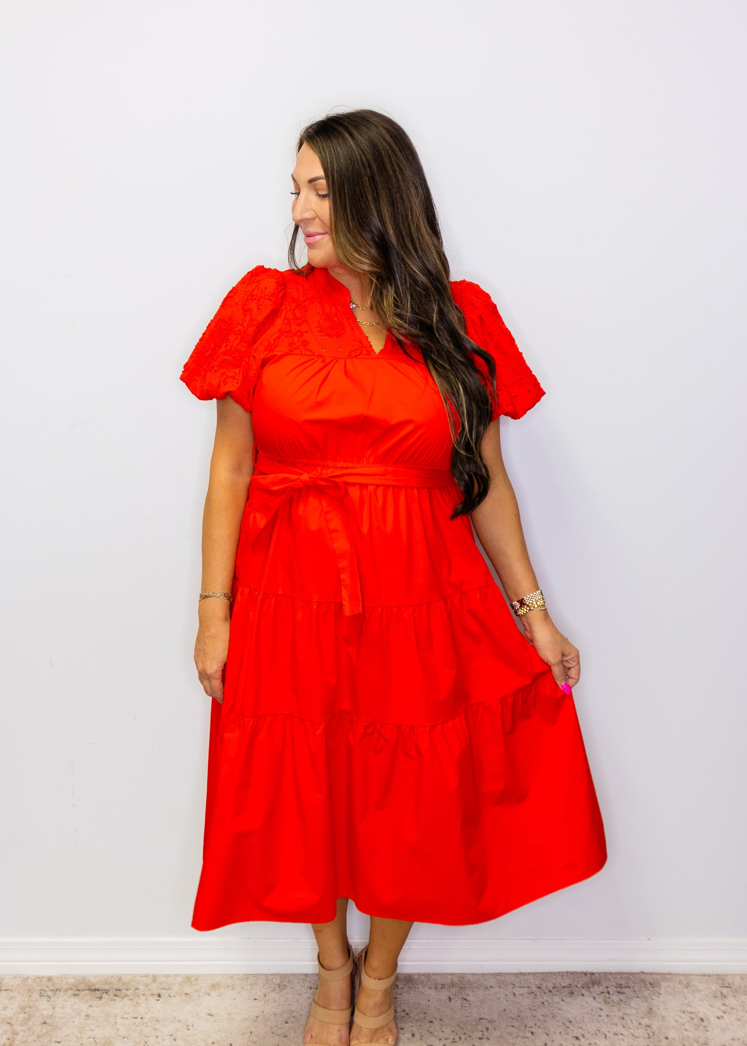Red Eyelet Tiered Midi Dress
