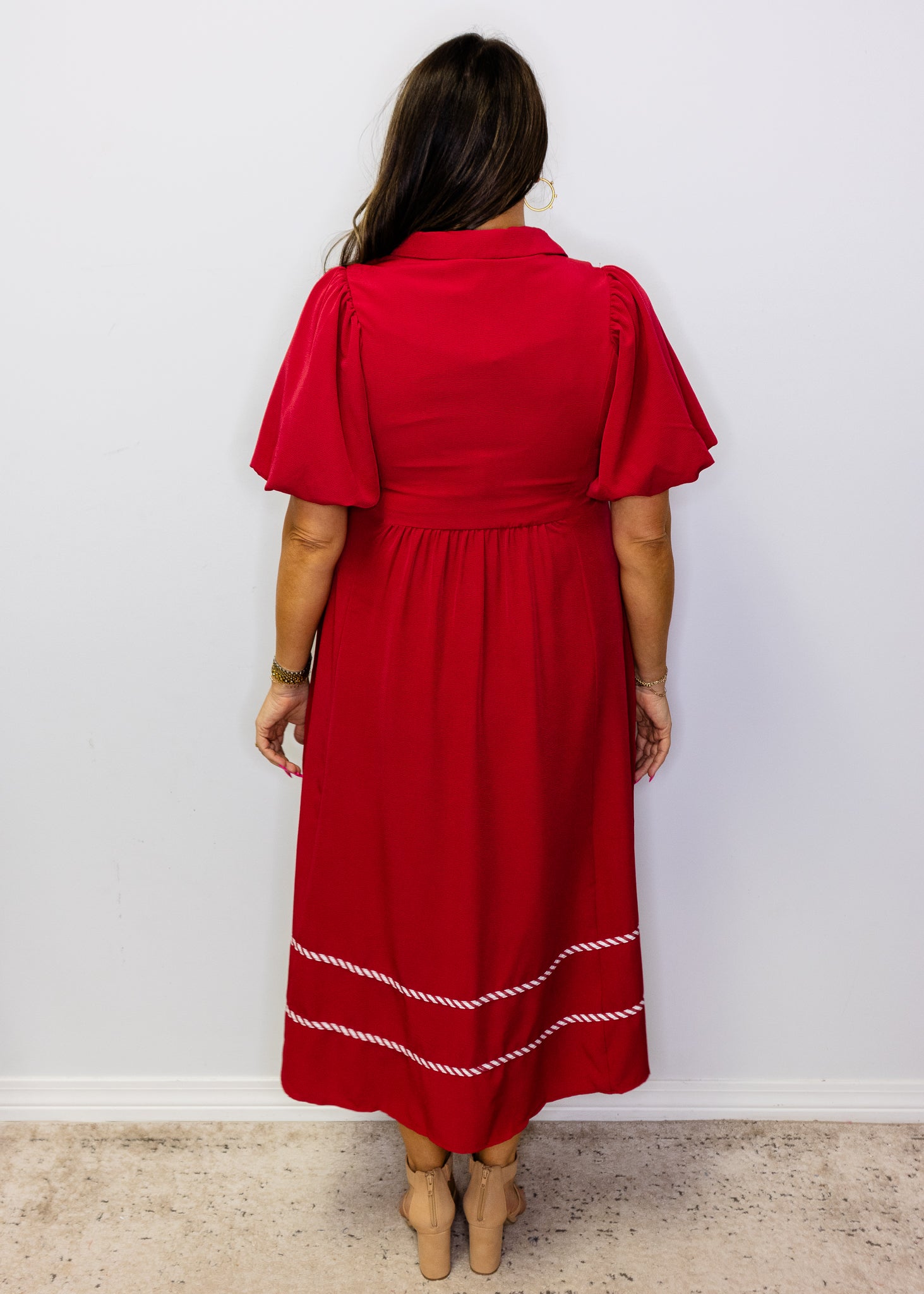 Burgundy Puff Sleeves Solid Midi Dress