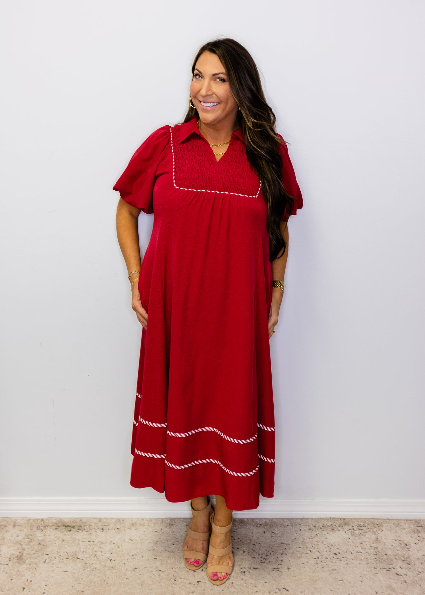Burgundy Puff Sleeves Solid Midi Dress