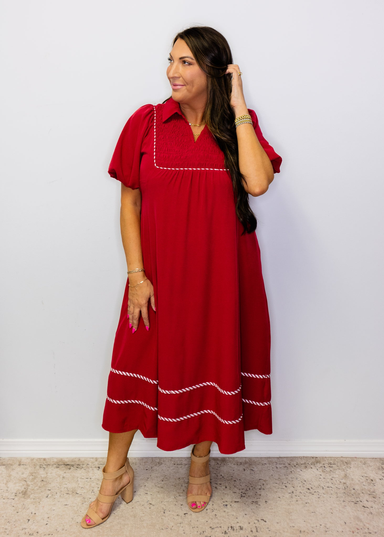 Burgundy Puff Sleeves Solid Midi Dress