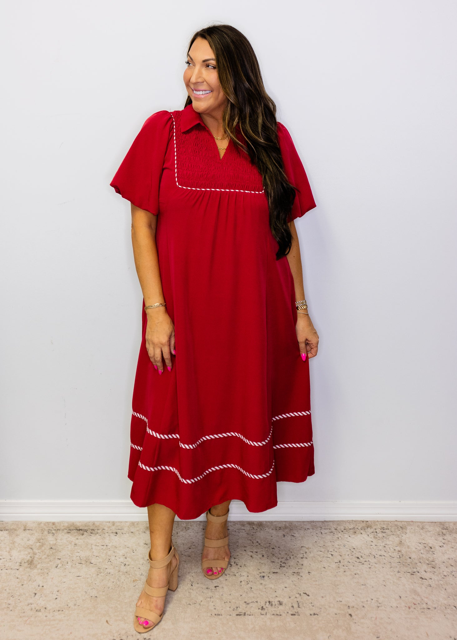 Burgundy Puff Sleeves Solid Midi Dress