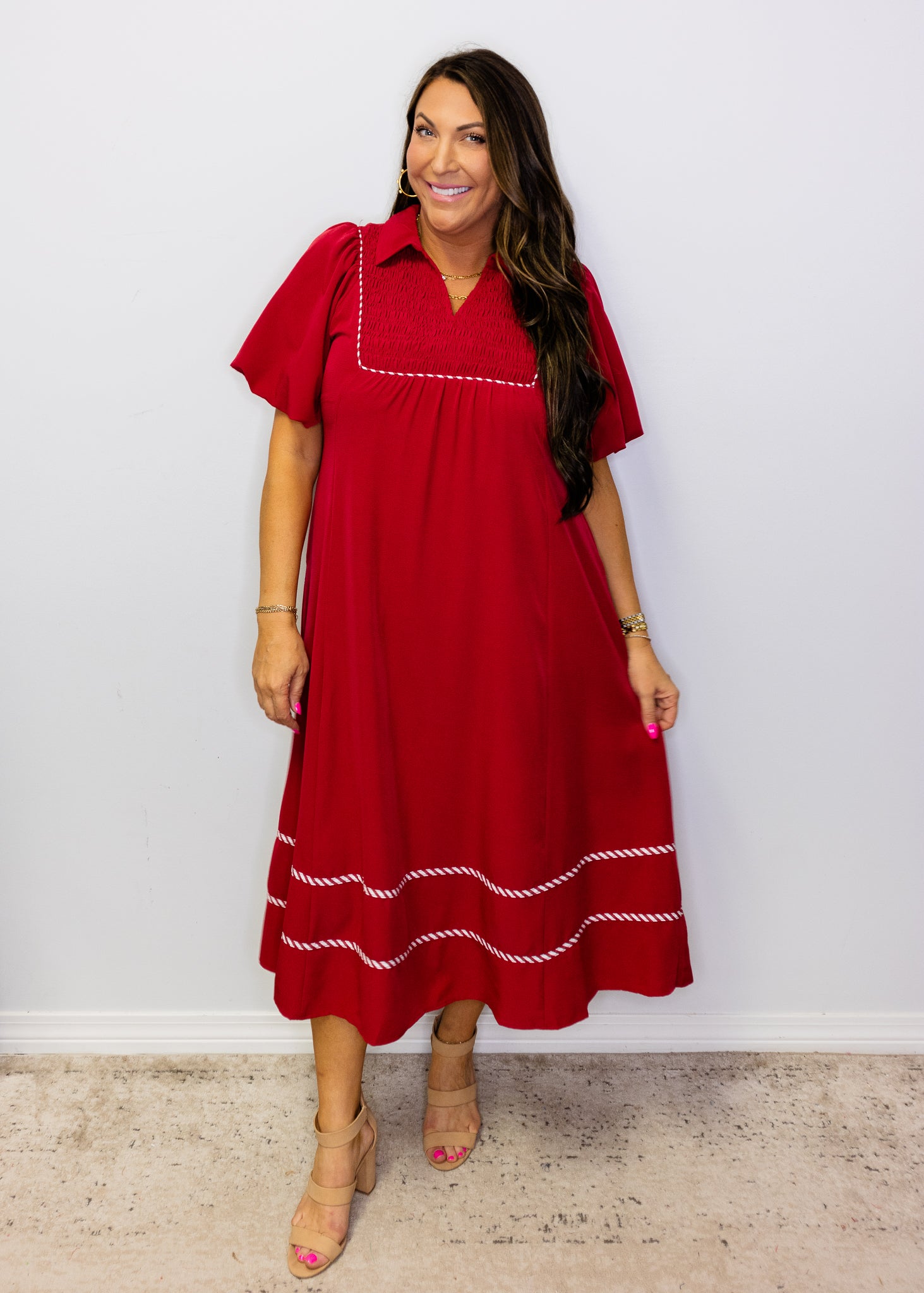 Burgundy Puff Sleeves Solid Midi Dress