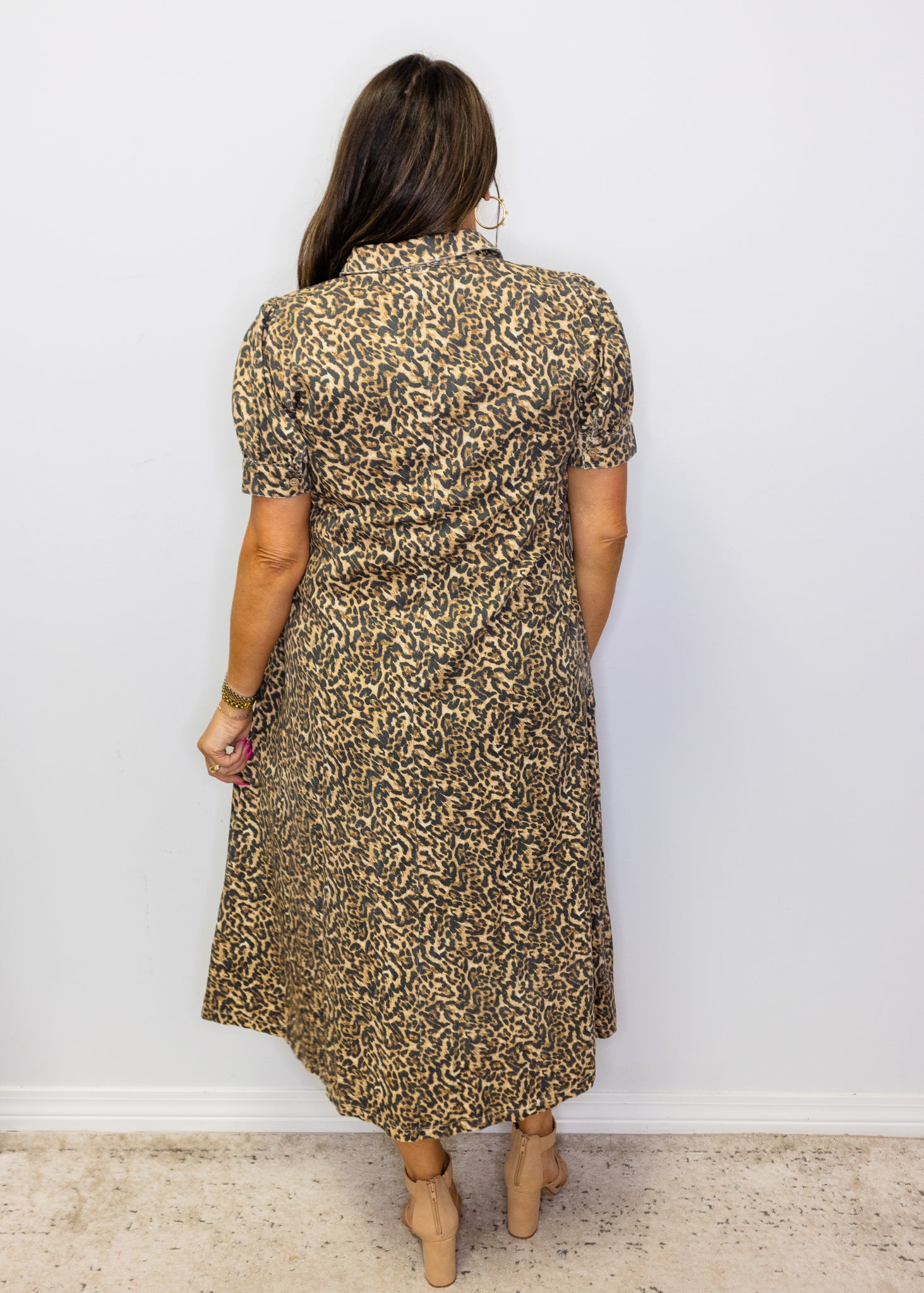 Leopard Puff Sleeve Midi Dress