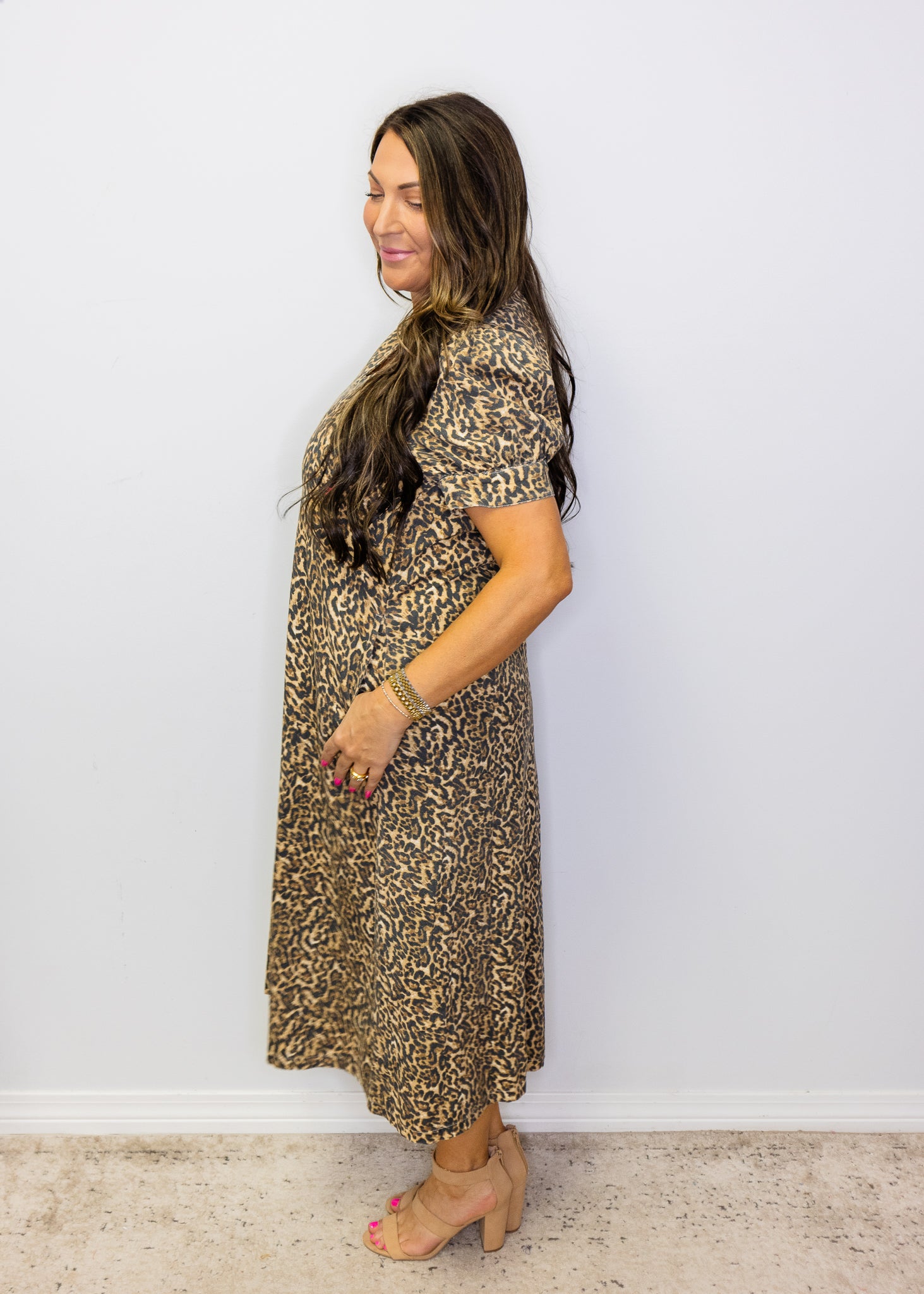 Leopard Puff Sleeve Midi Dress
