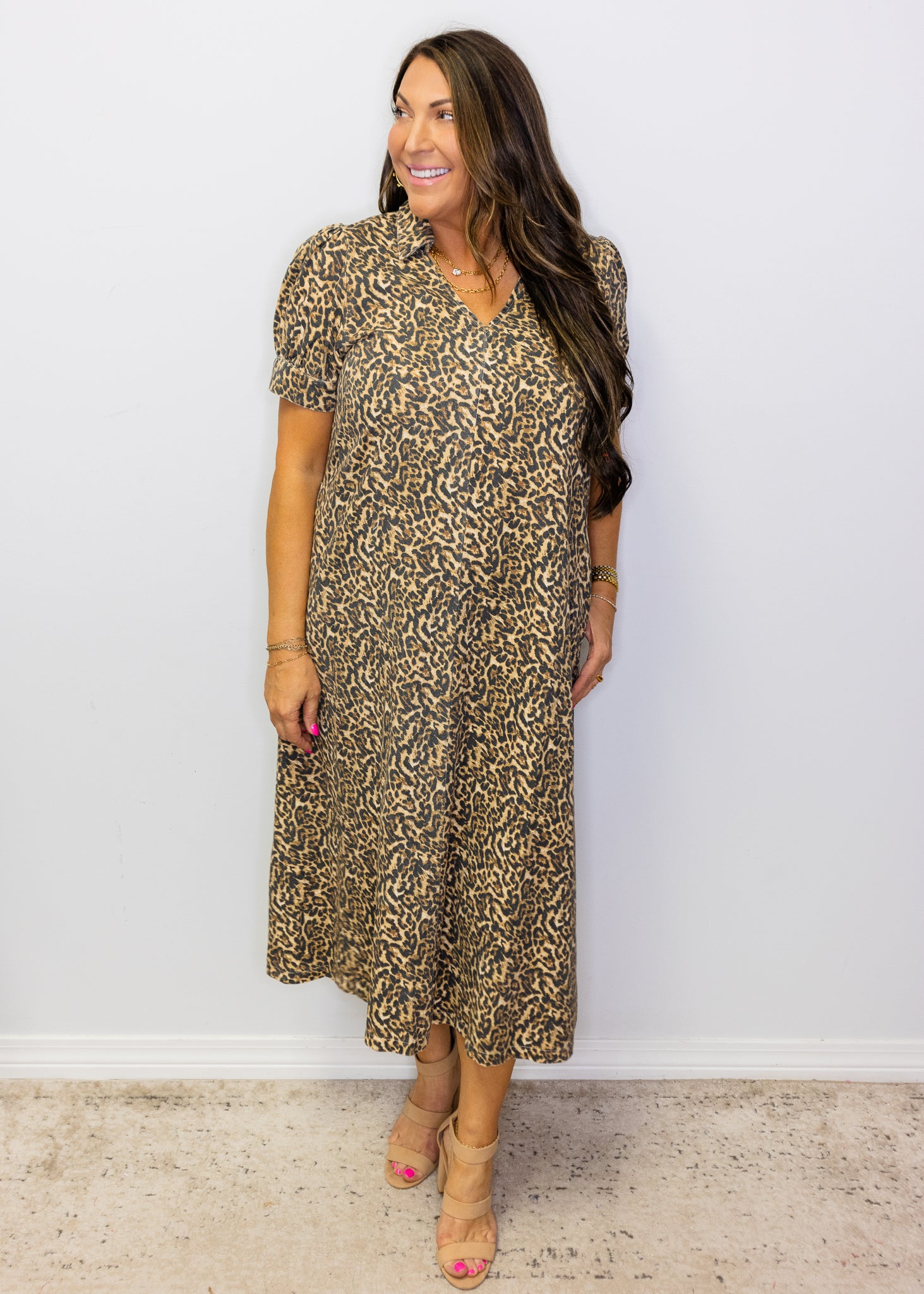 Leopard Puff Sleeve Midi Dress