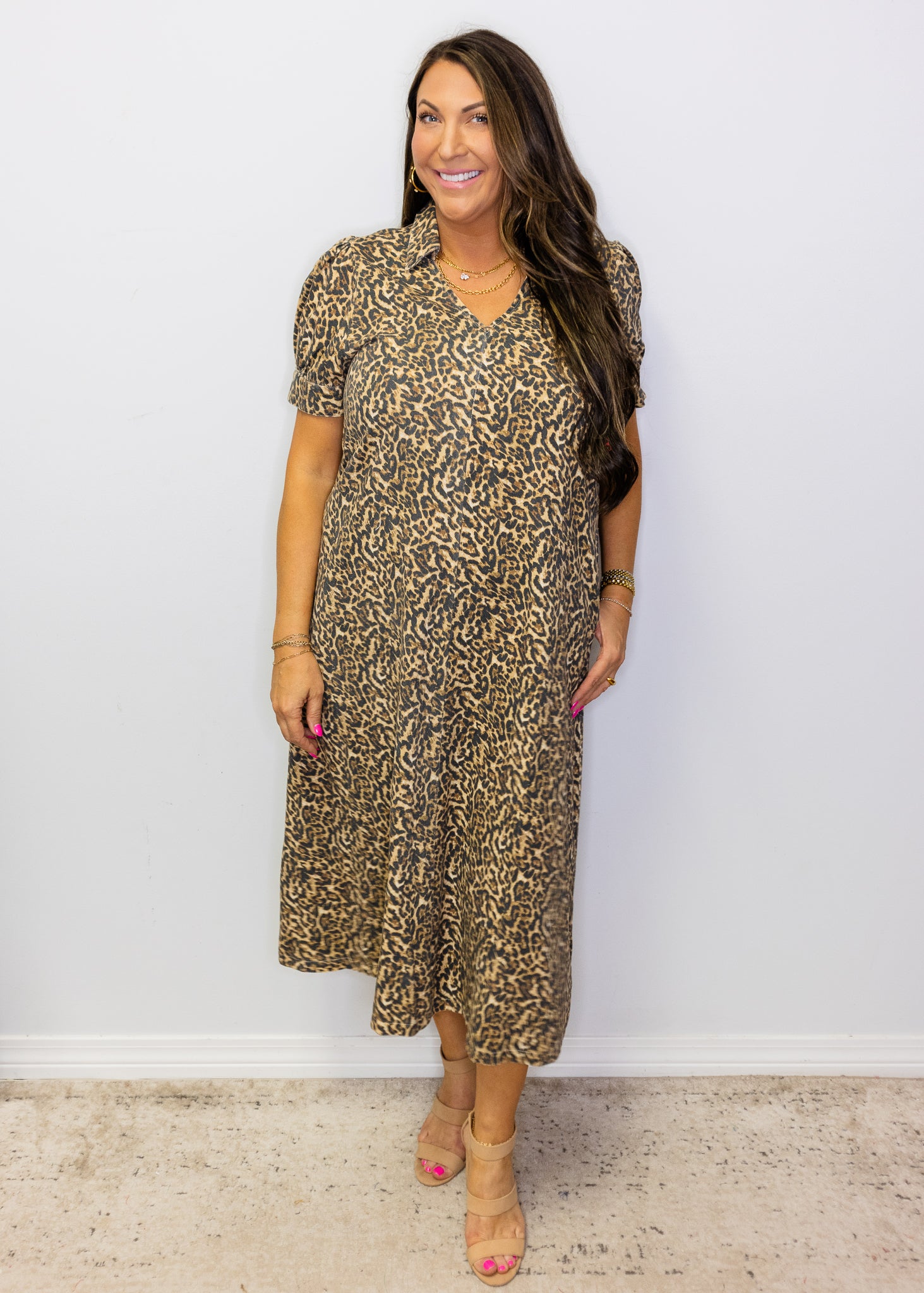 Leopard Puff Sleeve Midi Dress