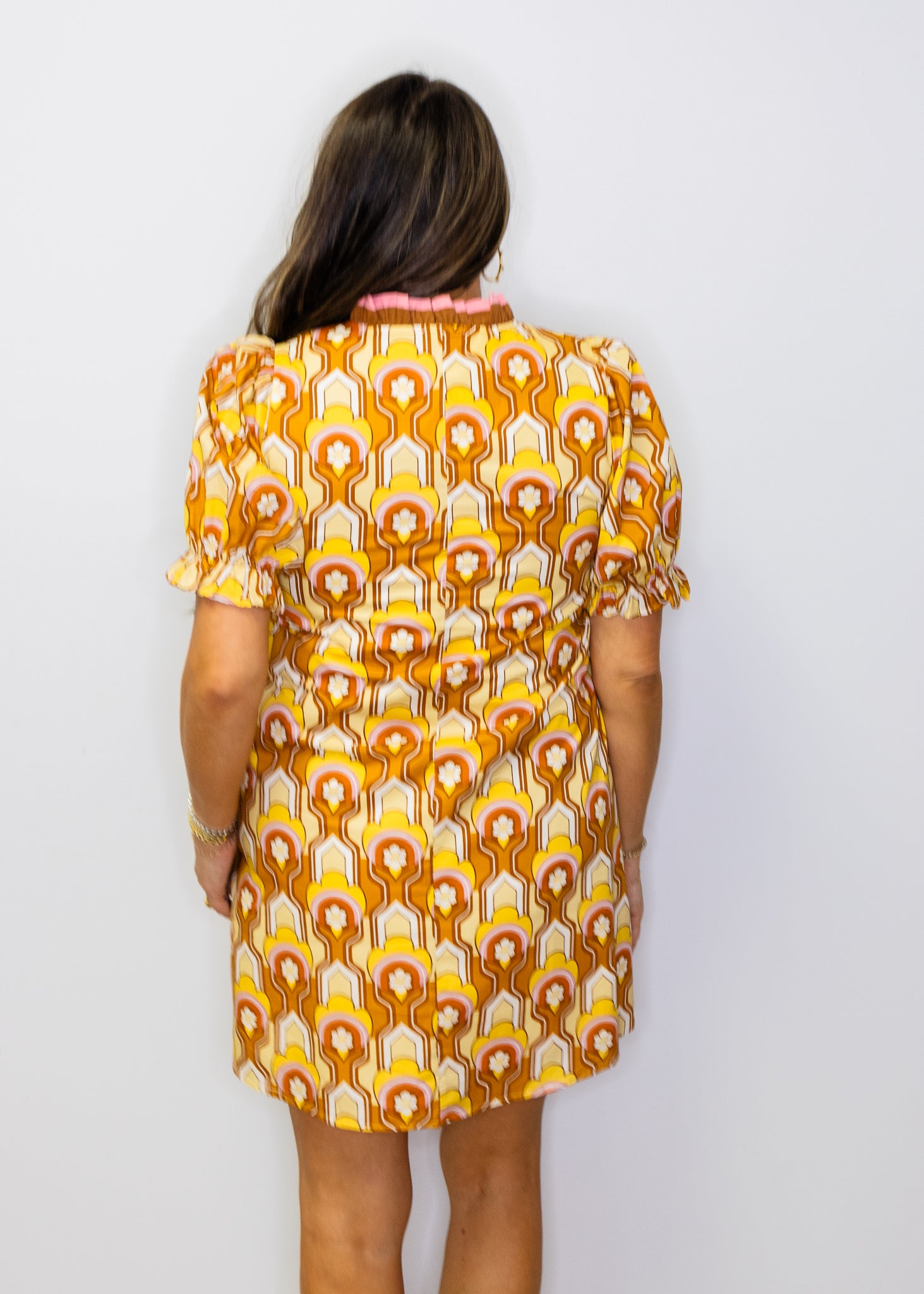 Caramel Color Contrast Accent Boho Print Dress