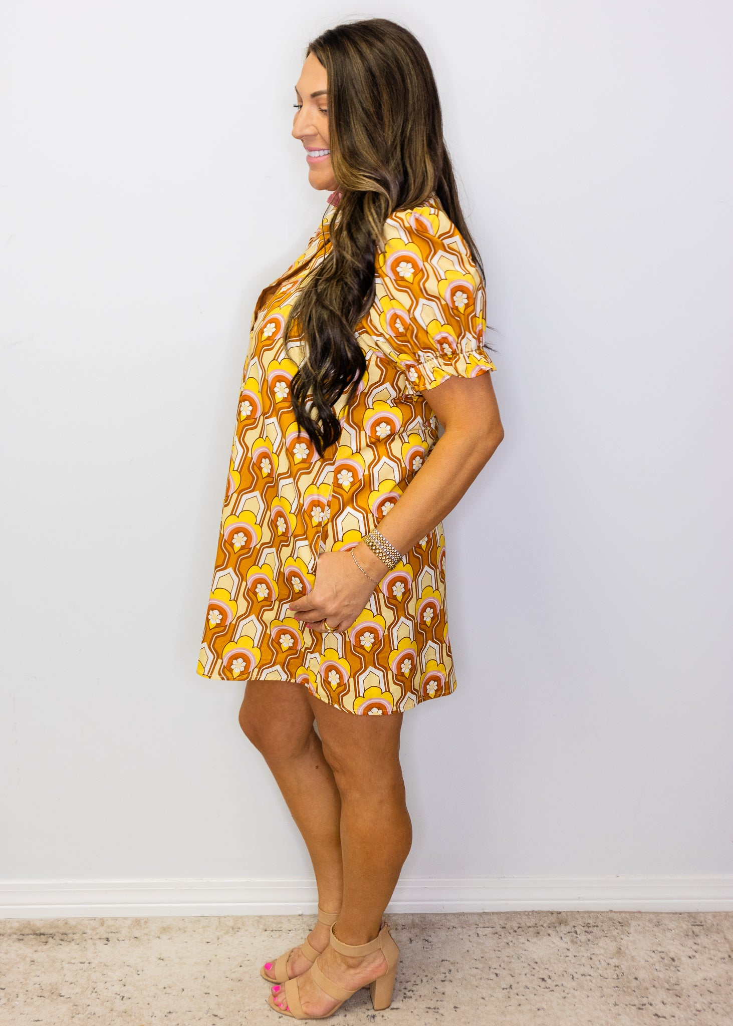 Caramel Color Contrast Accent Boho Print Dress