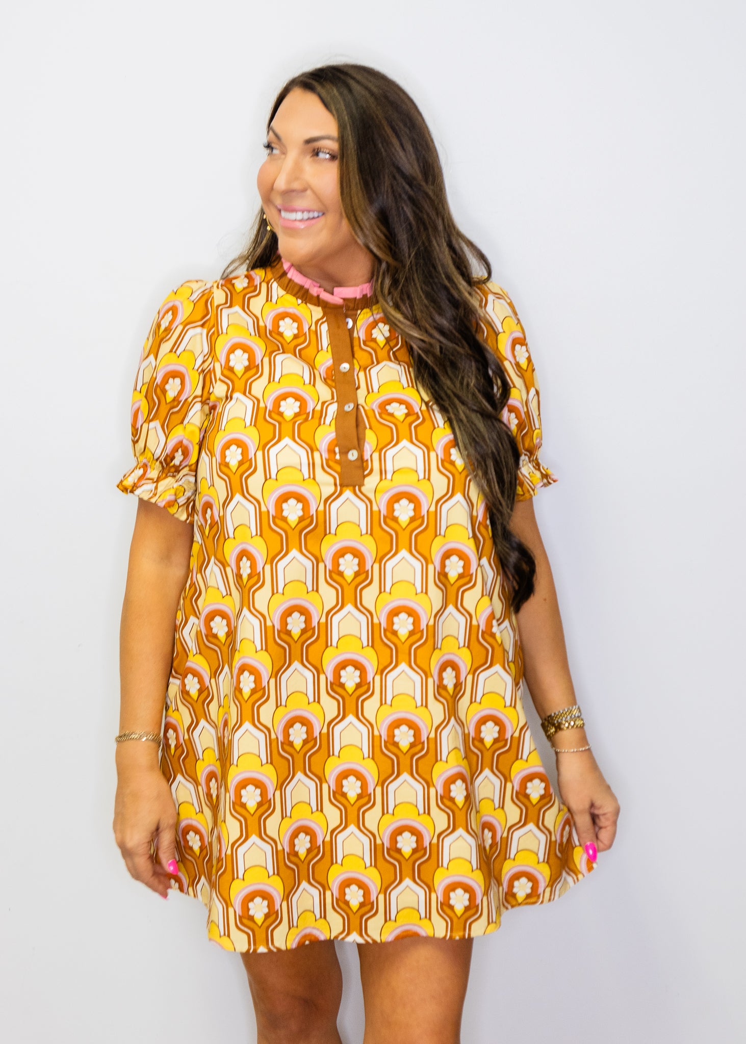 Caramel Color Contrast Accent Boho Print Dress