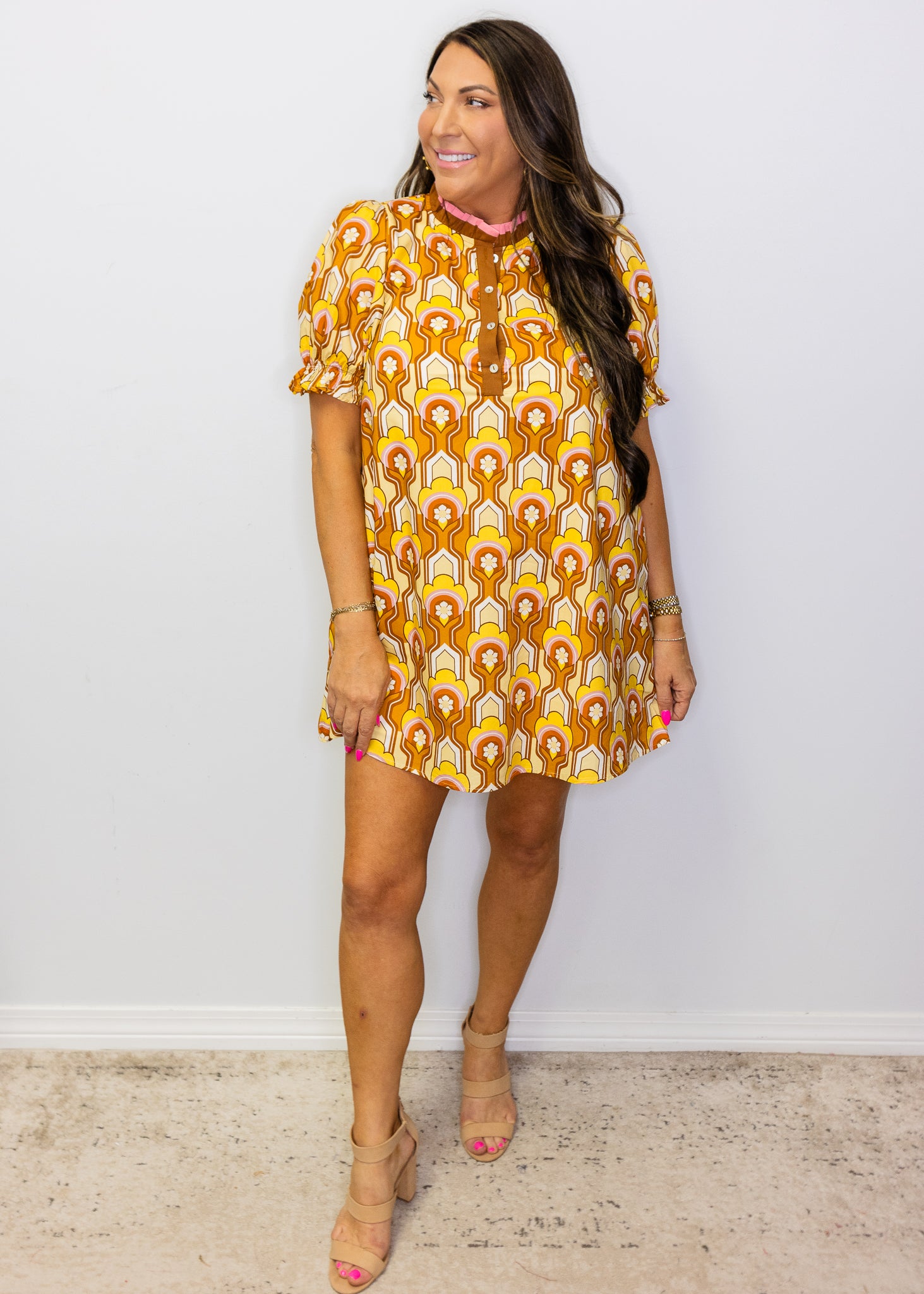 Caramel Color Contrast Accent Boho Print Dress