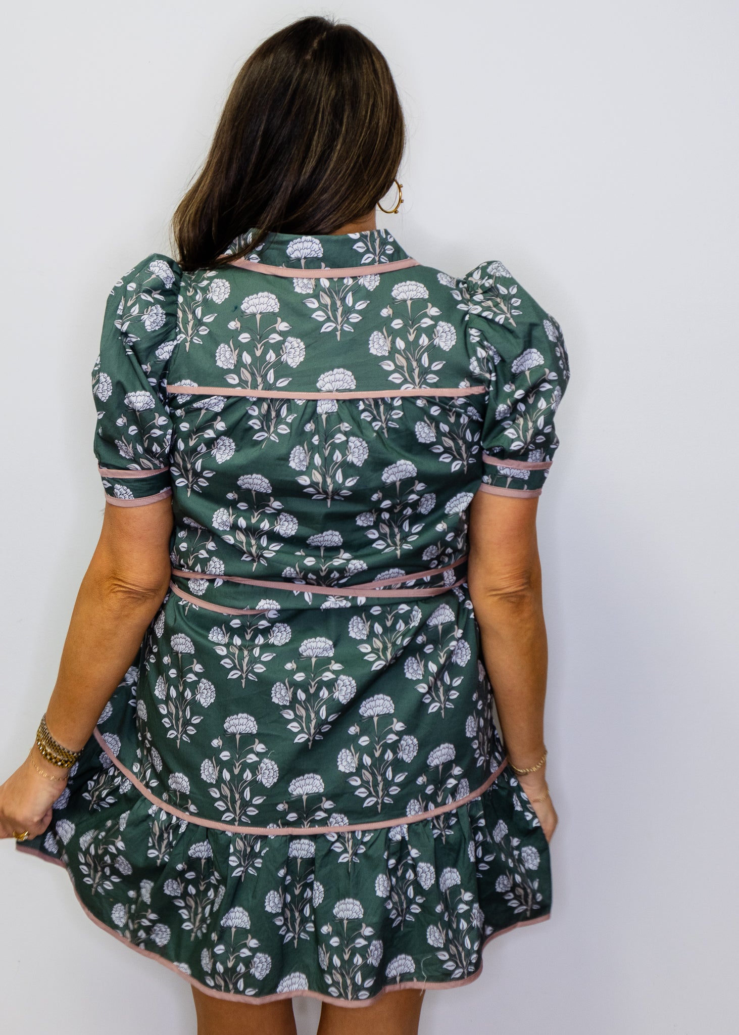 Hunter Green Puff Sleeve Floral Dress