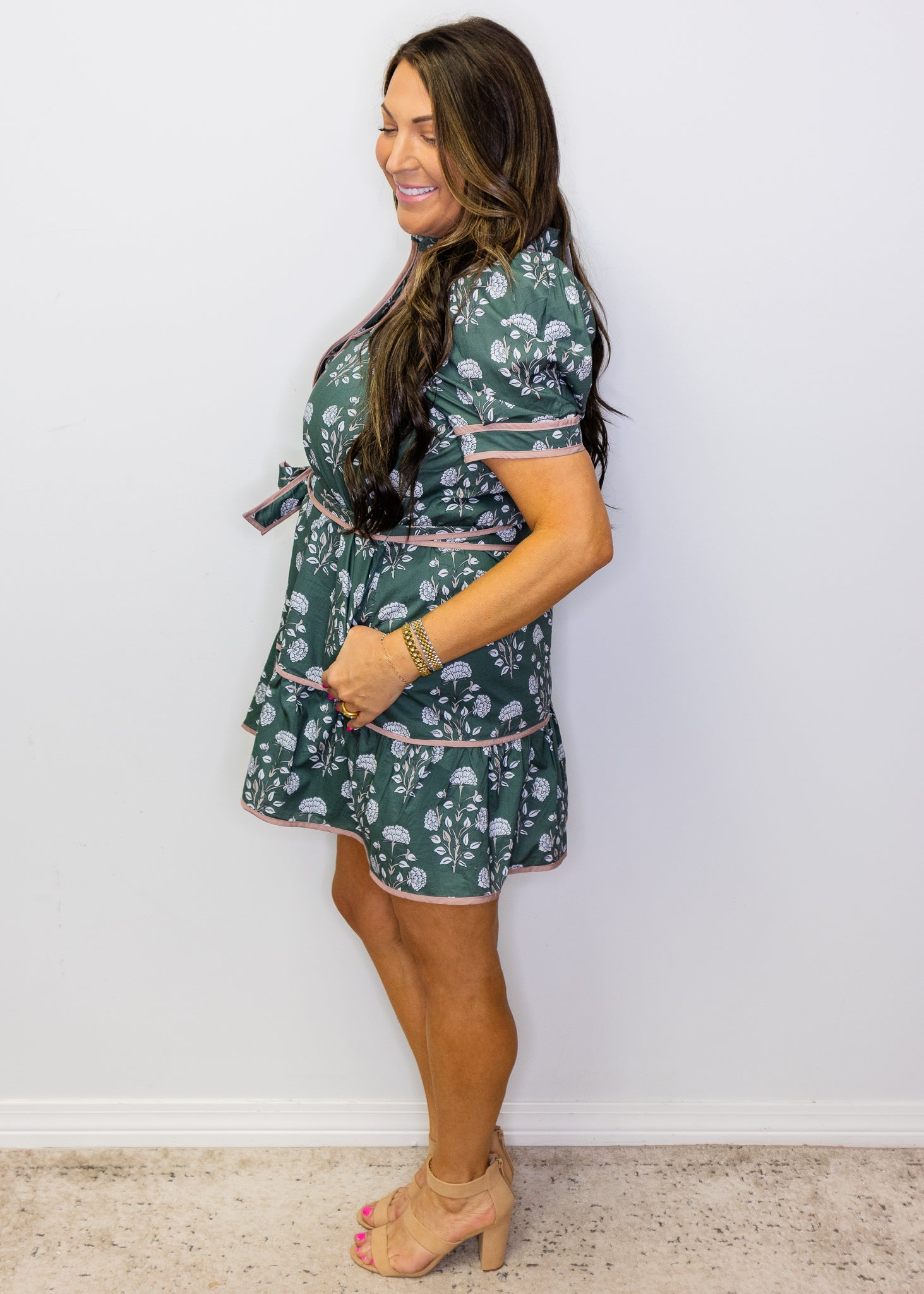 Hunter Green Puff Sleeve Floral Dress