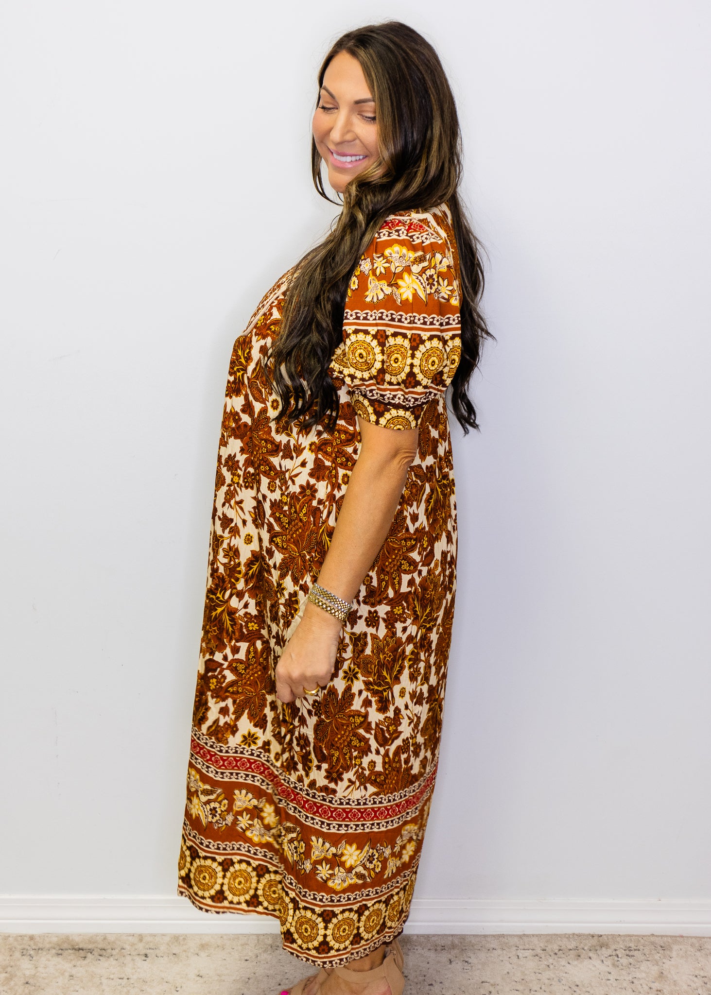 Brown Smocked Floral Print Midi Dress