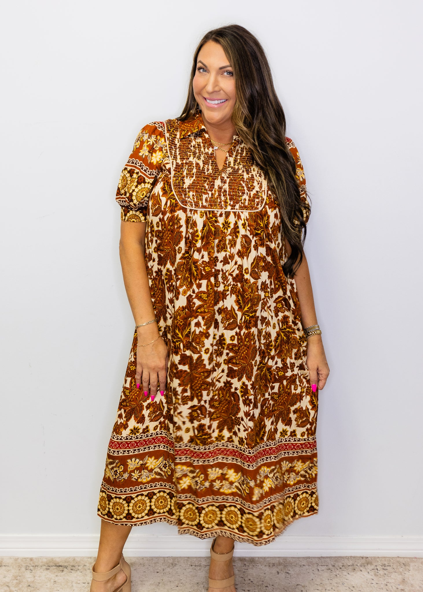 Brown Smocked Floral Print Midi Dress