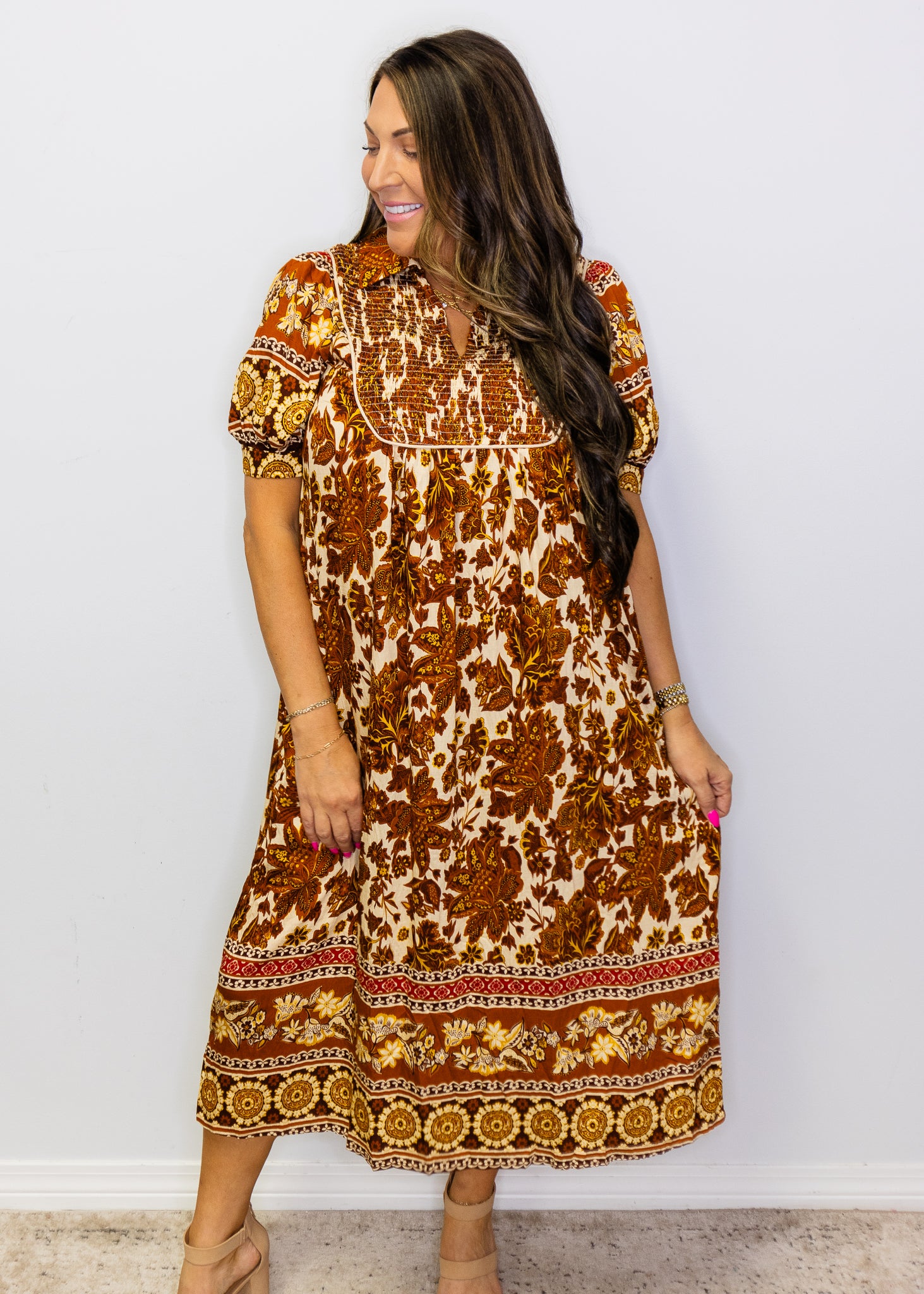 Brown Smocked Floral Print Midi Dress