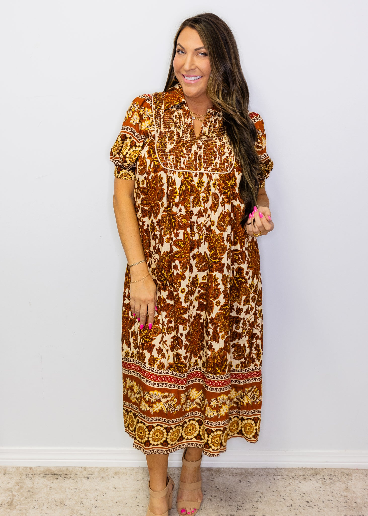 Brown Smocked Floral Print Midi Dress