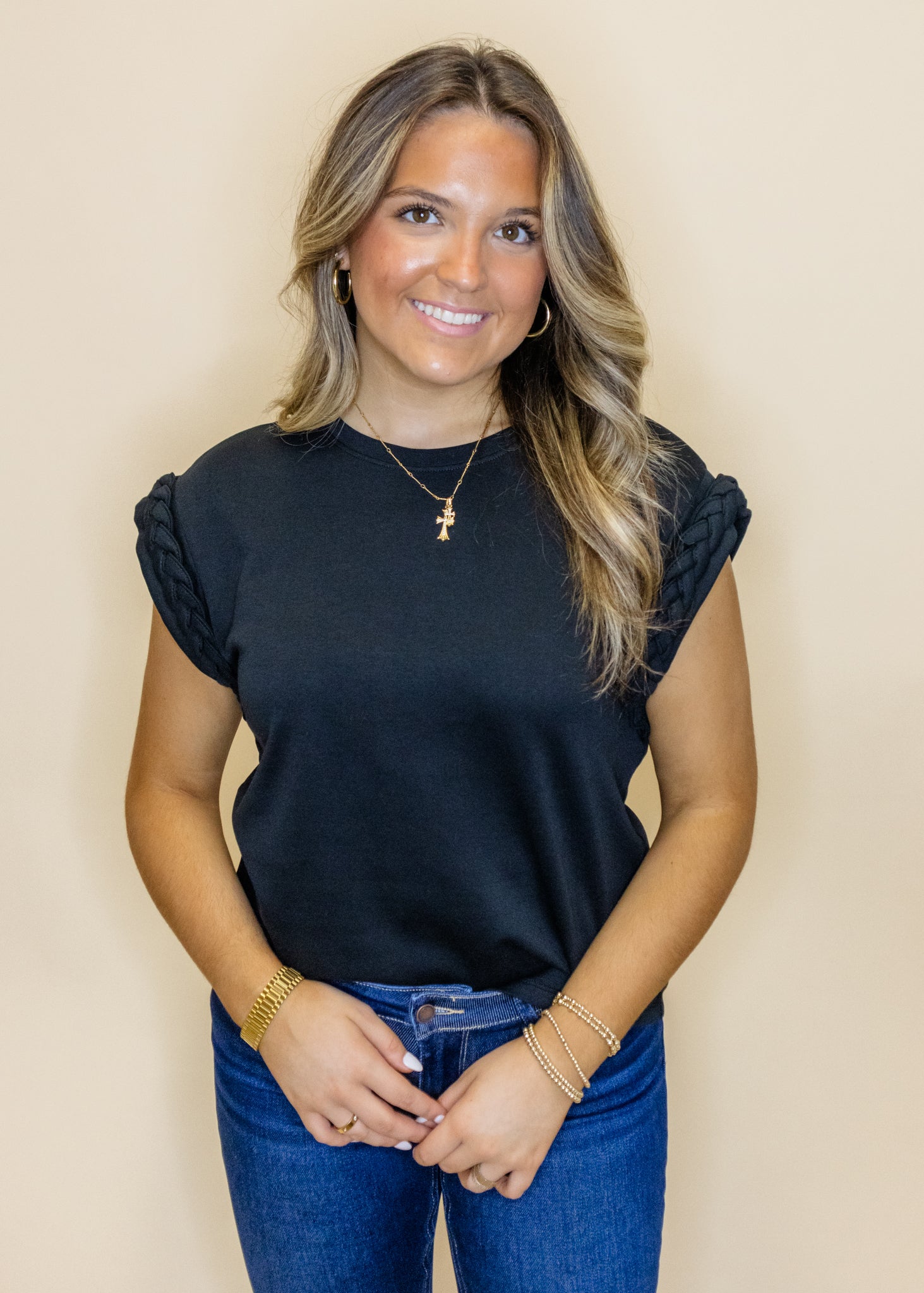 Black Braided Sleeve Top