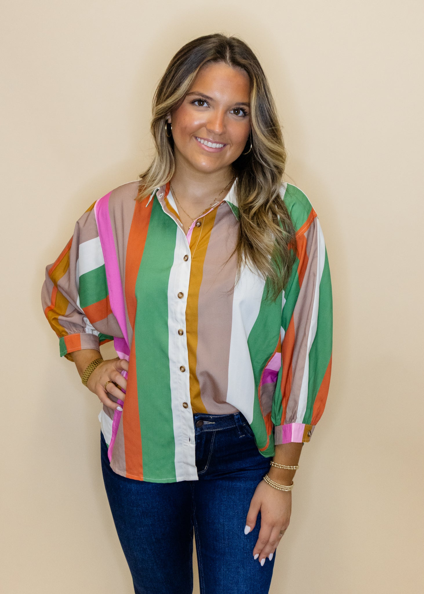 Multi Stripe Button Up Top