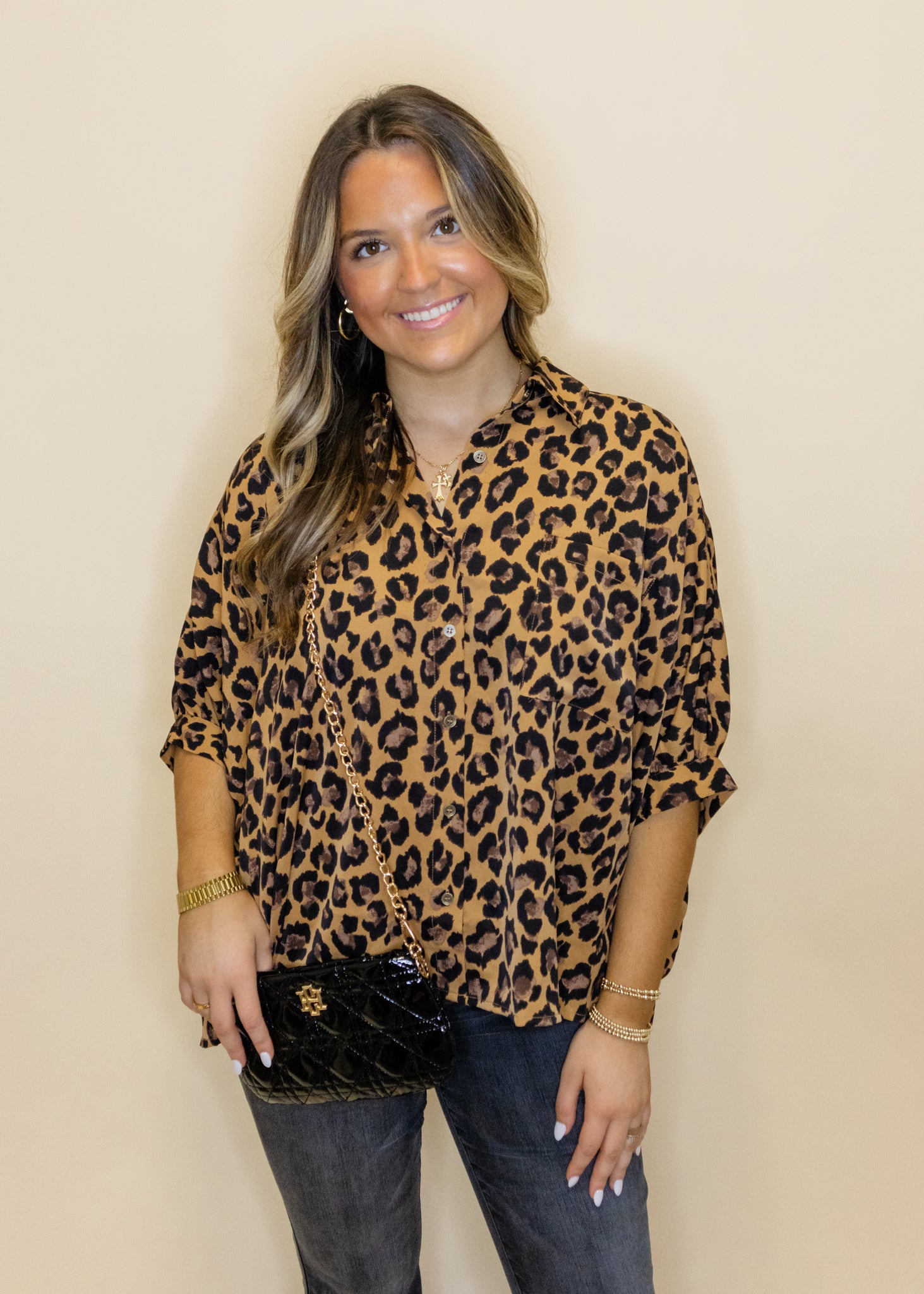 Leopard Flowy Button Top