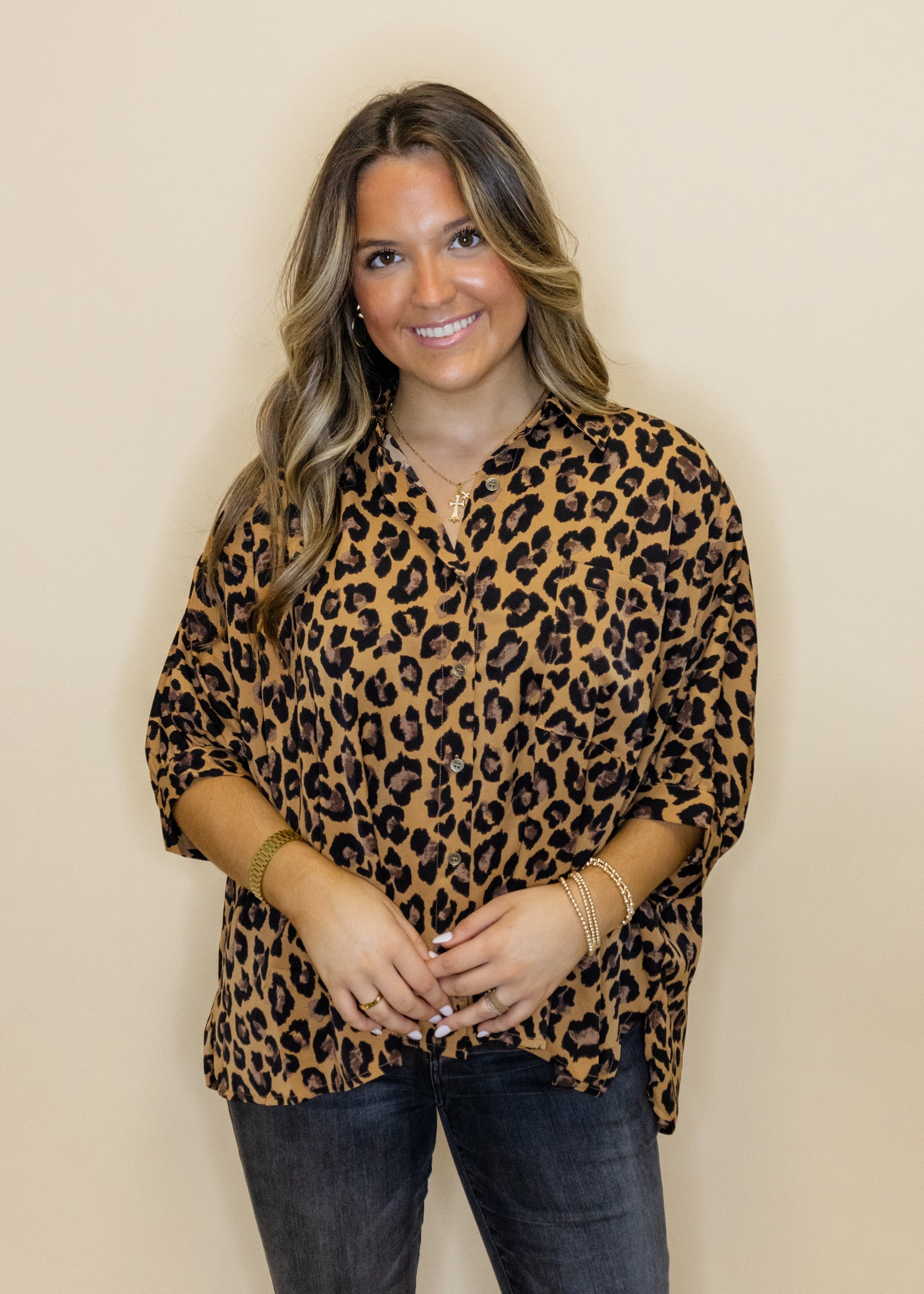 Leopard Flowy Button Top