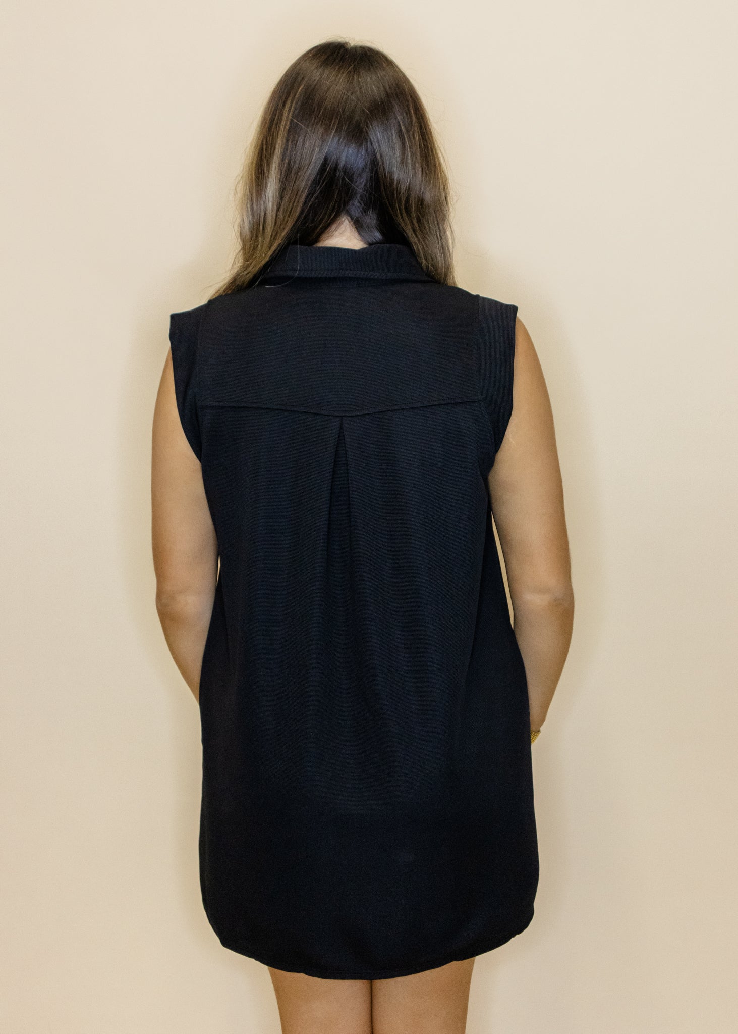 Black Solid Collared Pocket Dress