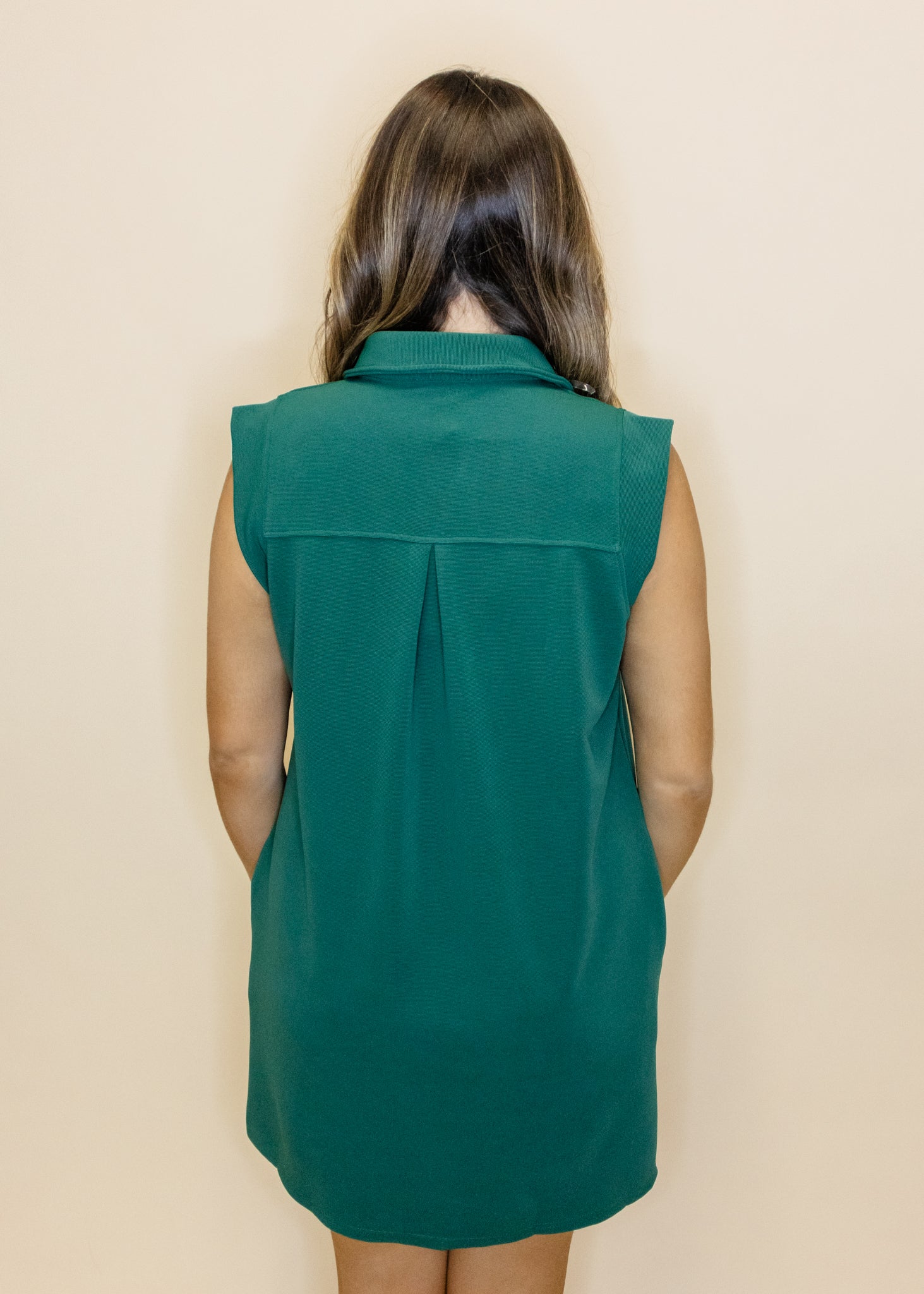 Green Solid Collared Pocket Dress