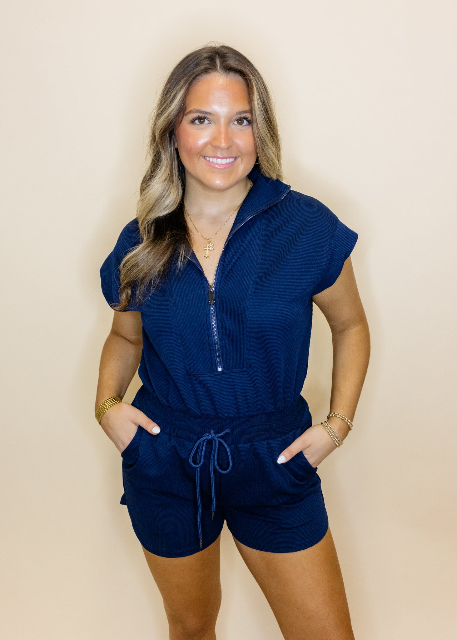 Navy Textured Zipper Romper