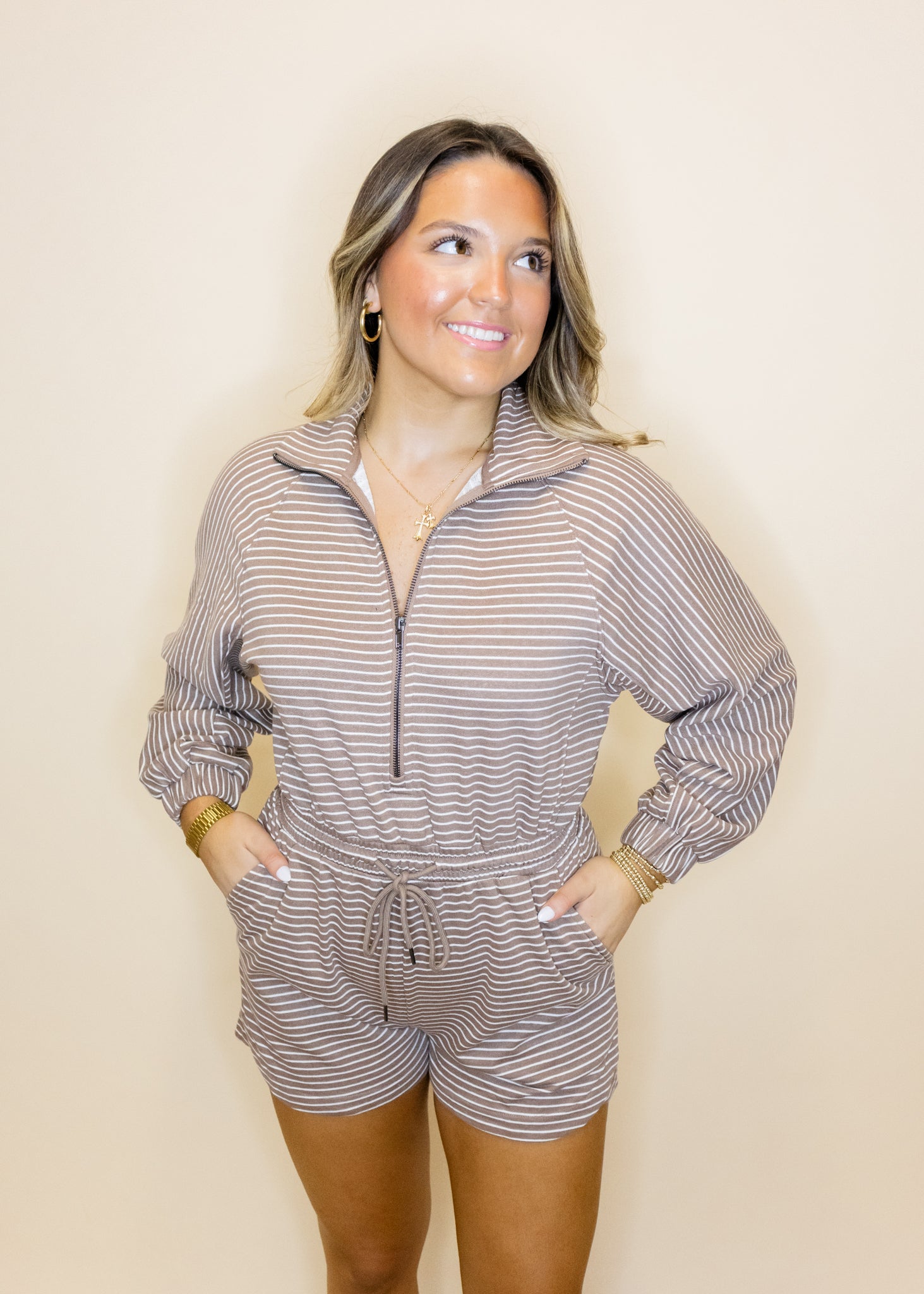 Mocha Stripe Half Zip Romper