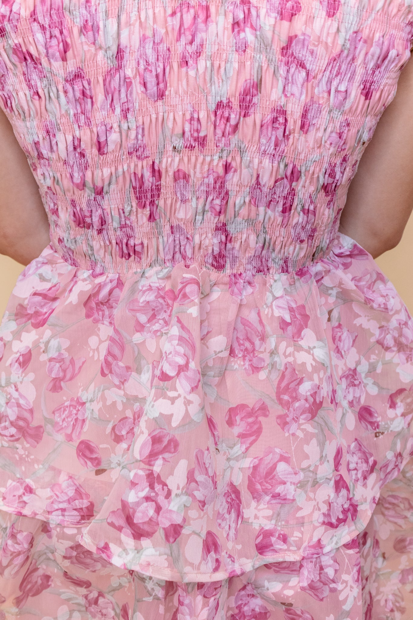 Pink Floral Ruffle Shoulder Midi Dress