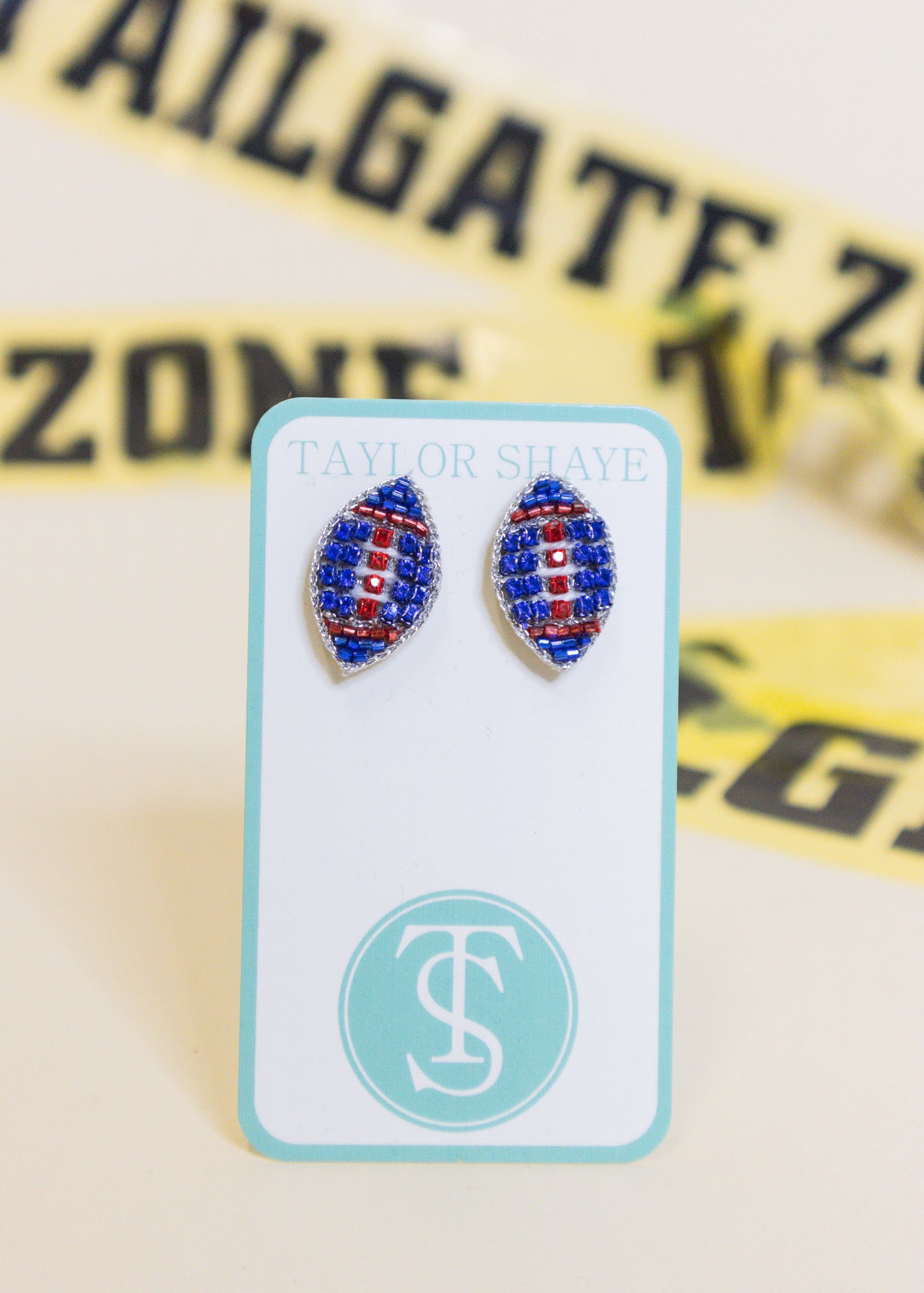 Blue Beaded Football Stud Earrings