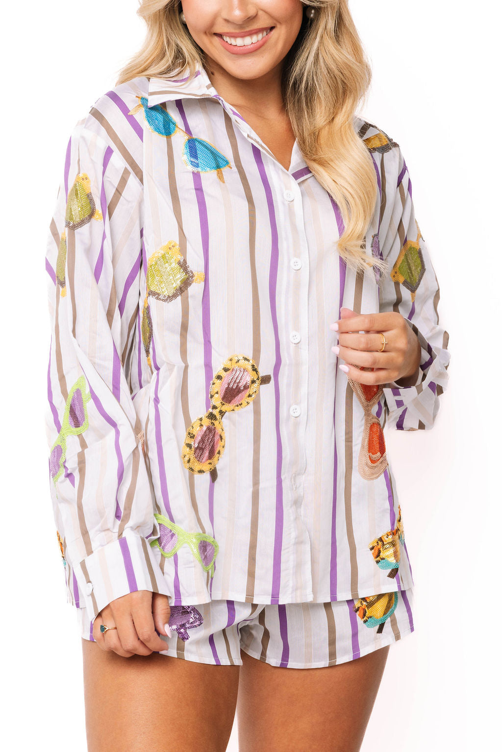 Multi Stripe Sunglasses Cotton Button Up Top