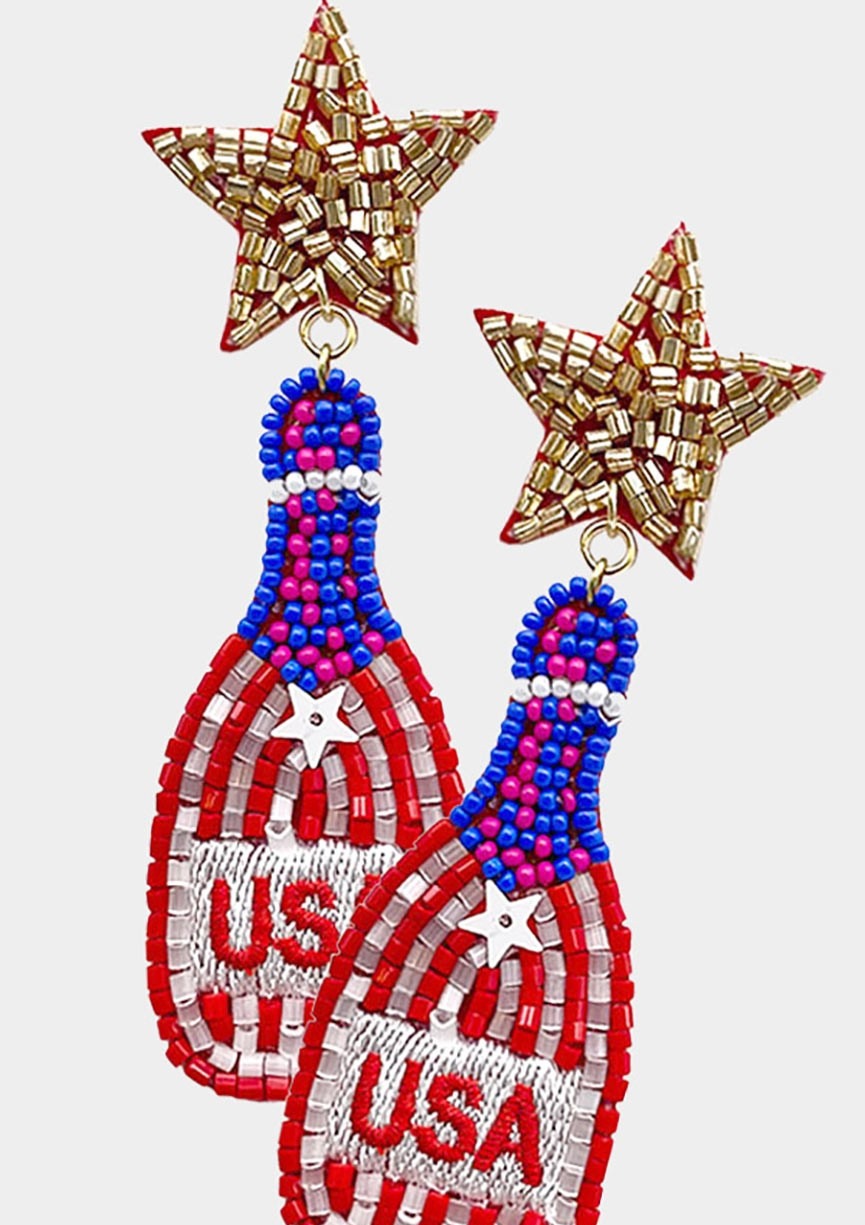 Beaded Star American USA Flag Champagne Earrings