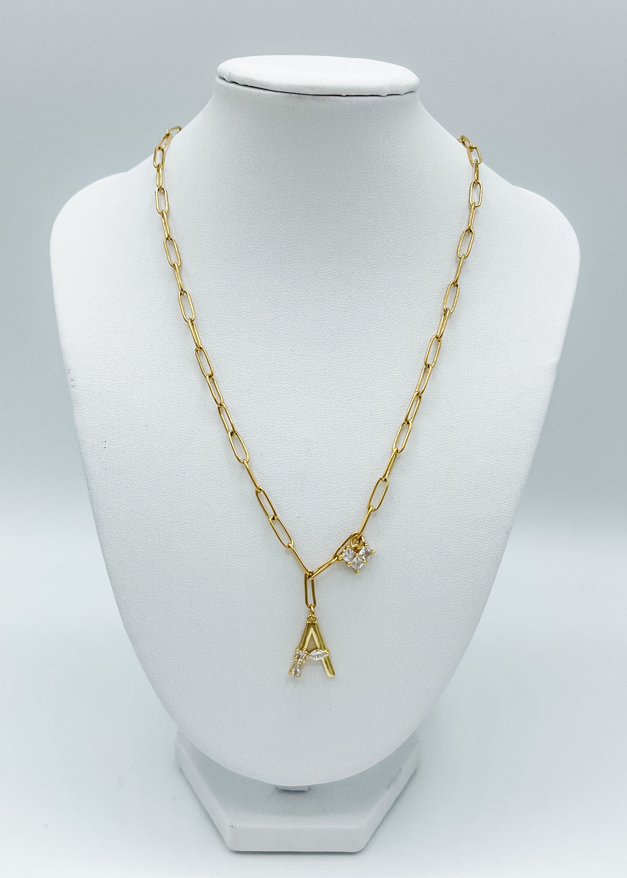 Gold Rhinestone Paperclip Letter Necklace